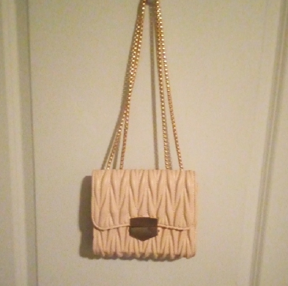 BeCool Cream Roushed Quilted Shoulder Or Crossbody Bag With Heavy Gold Hardware